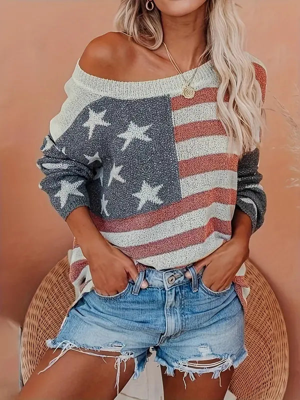 Callista - Casual Off-Shoulder Flag Print Sweater