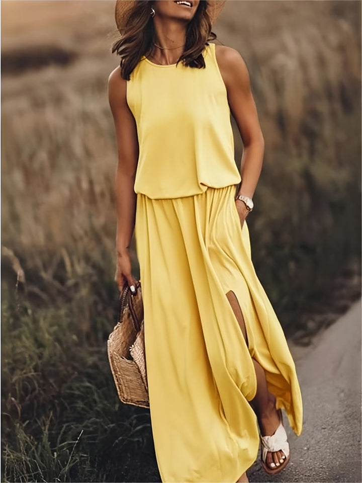 Keelin - Sleeveless O-Neck Solid Color Dress