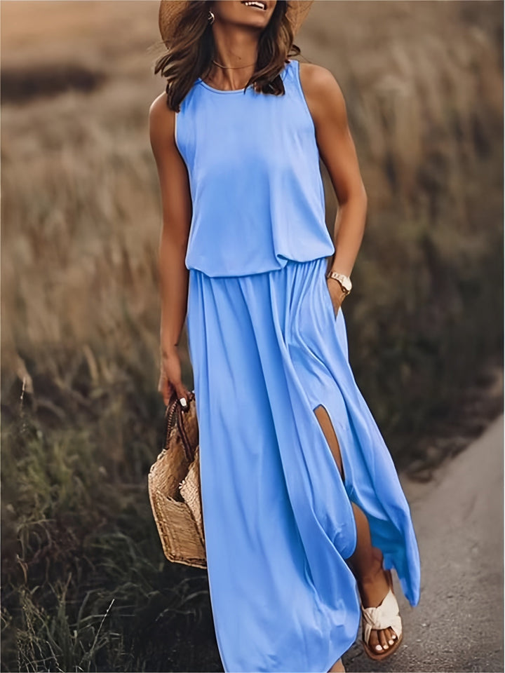 Keelin - Sleeveless O-Neck Solid Color Dress