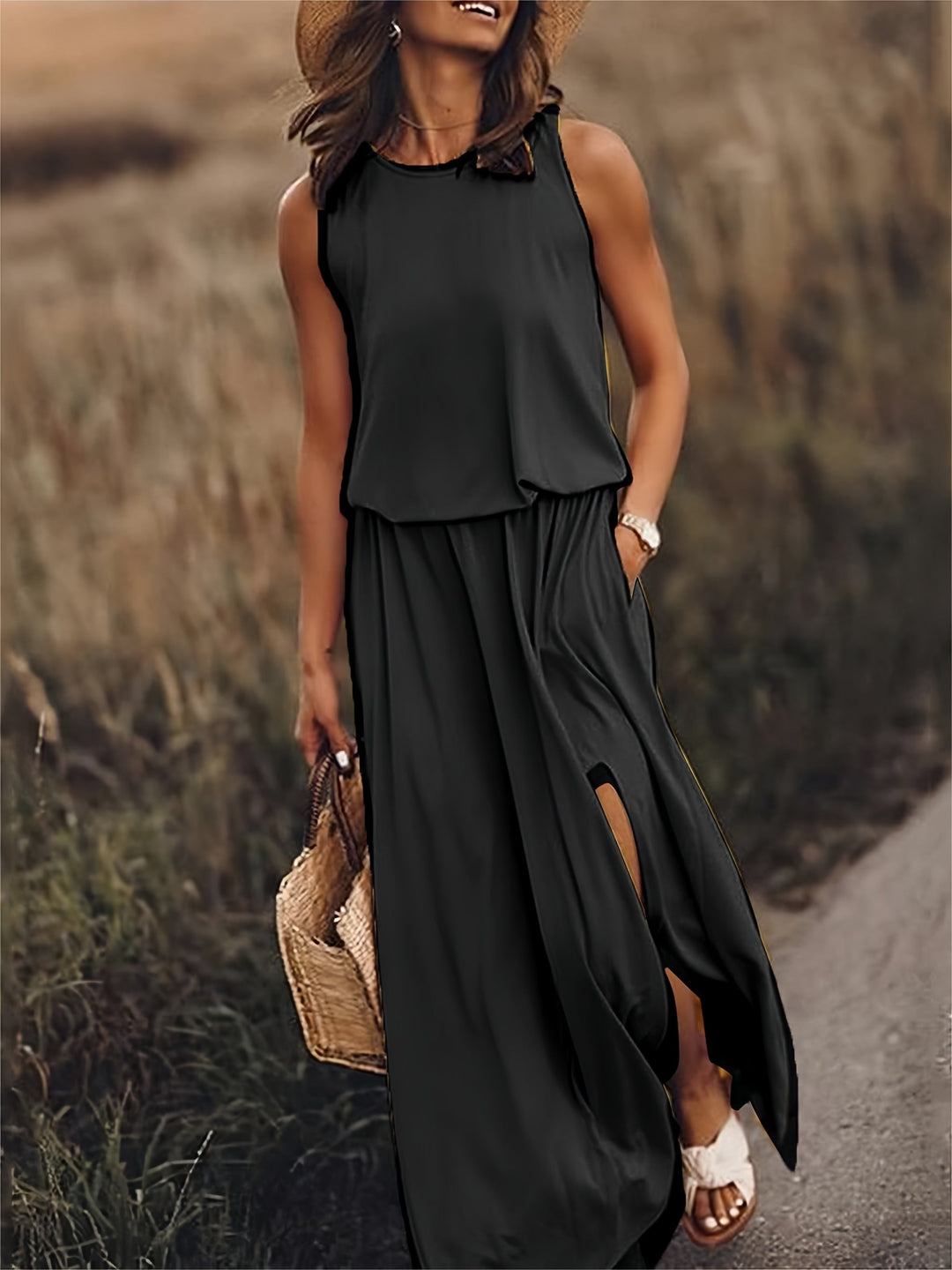 Keelin - Sleeveless O-Neck Solid Color Dress
