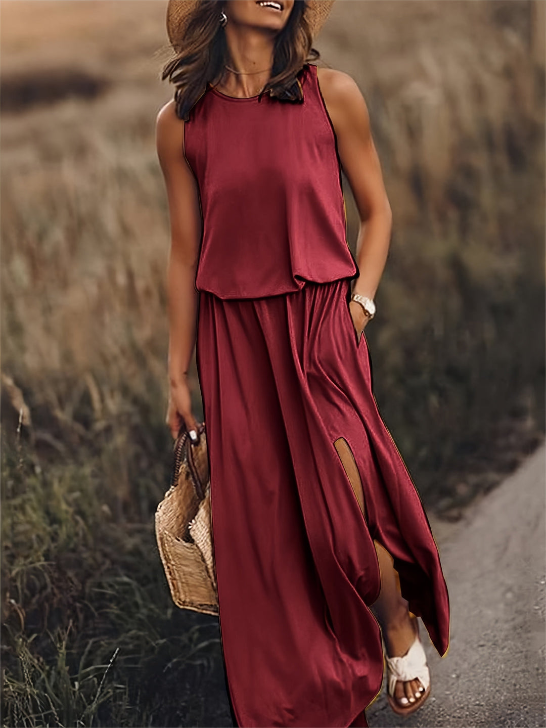 Keelin - Sleeveless O-Neck Solid Color Dress