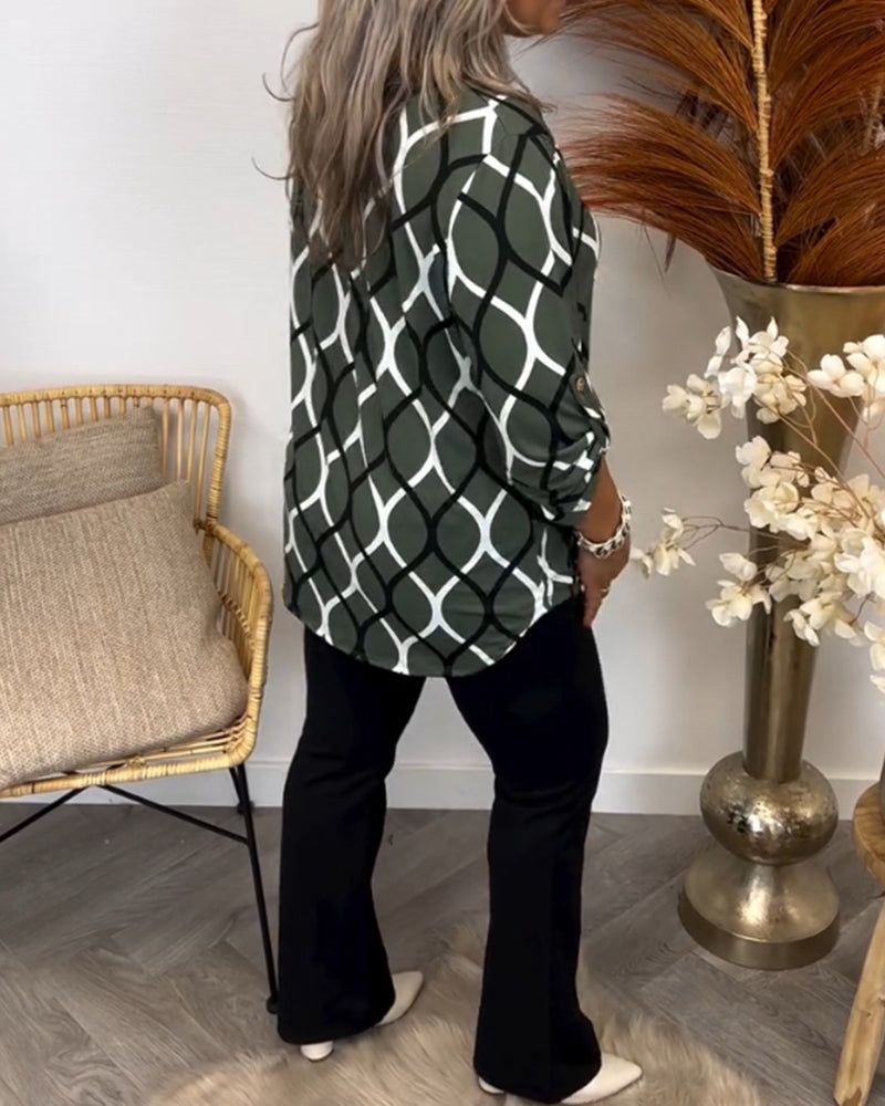 Elspeth - Stylish Geometric Printed Long Sleeve Blouse