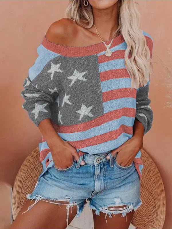 Callista - Casual Off-Shoulder Flag Print Sweater