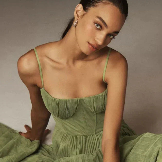 Bustier Pleated Tulle Fit & Flare Midi Dress