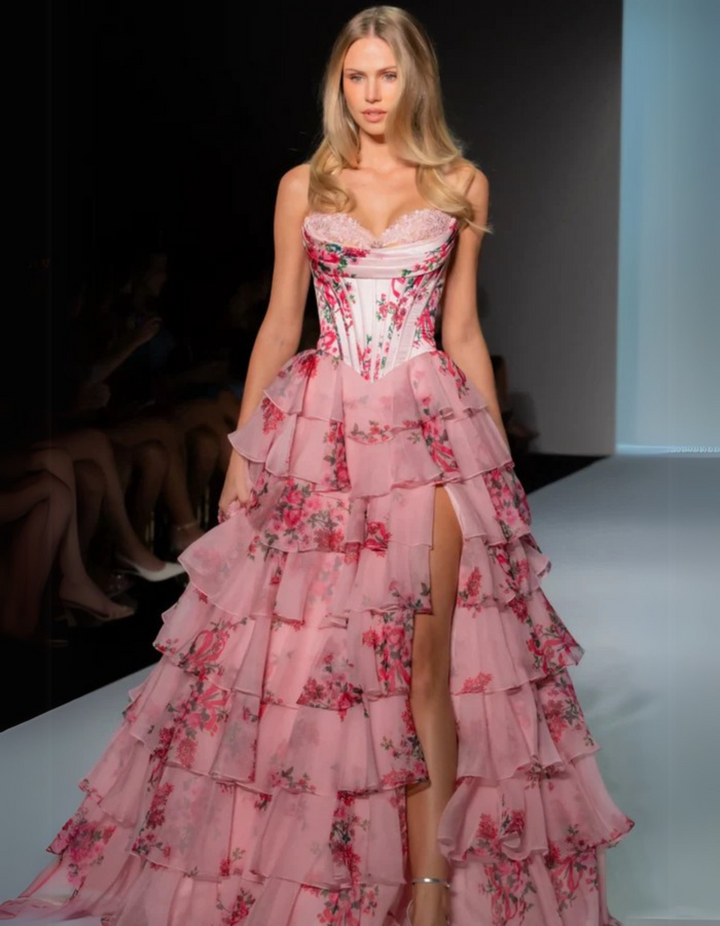 Giovella – Baroque floral – Ruffled gown