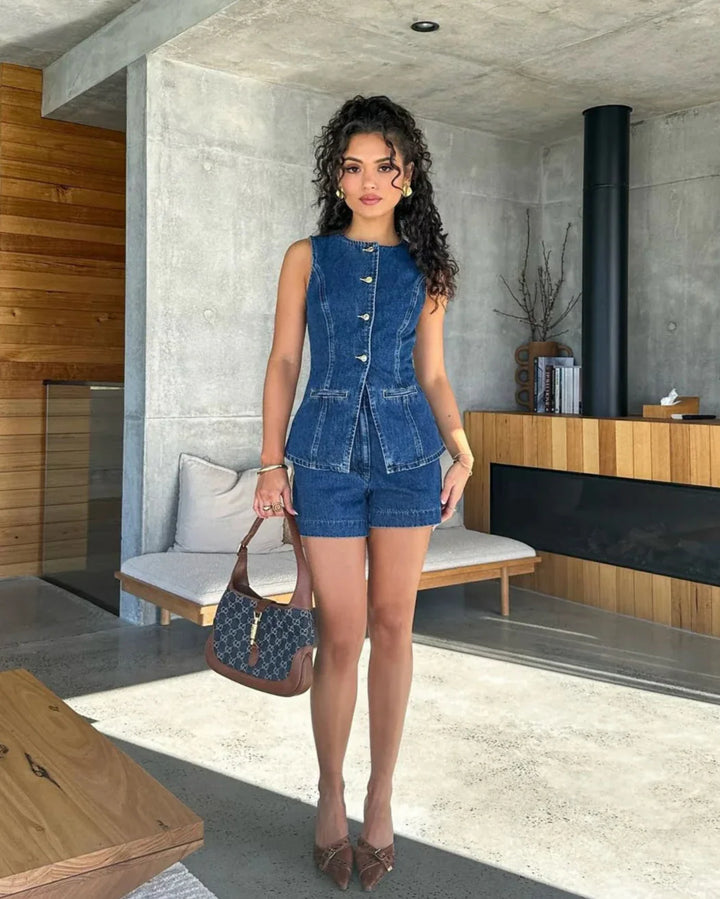 Daisy - Women's Sleeveless Denim Crop Top & High Waist Shorts Set