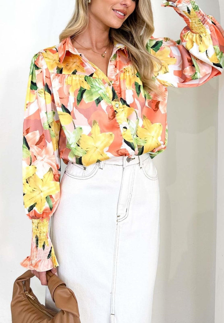 Printed Shirred Cuff Polo Shirt