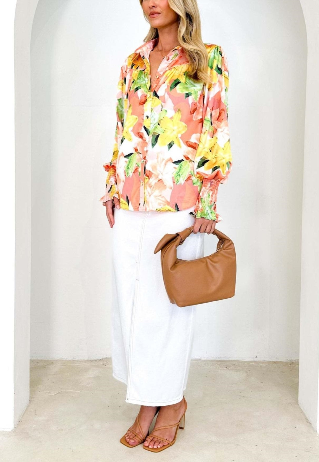 Printed Shirred Cuff Polo Shirt