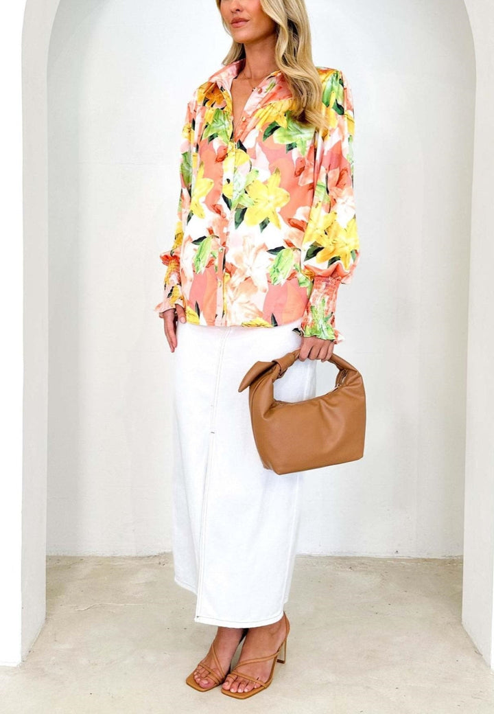 Printed Shirred Cuff Polo Shirt