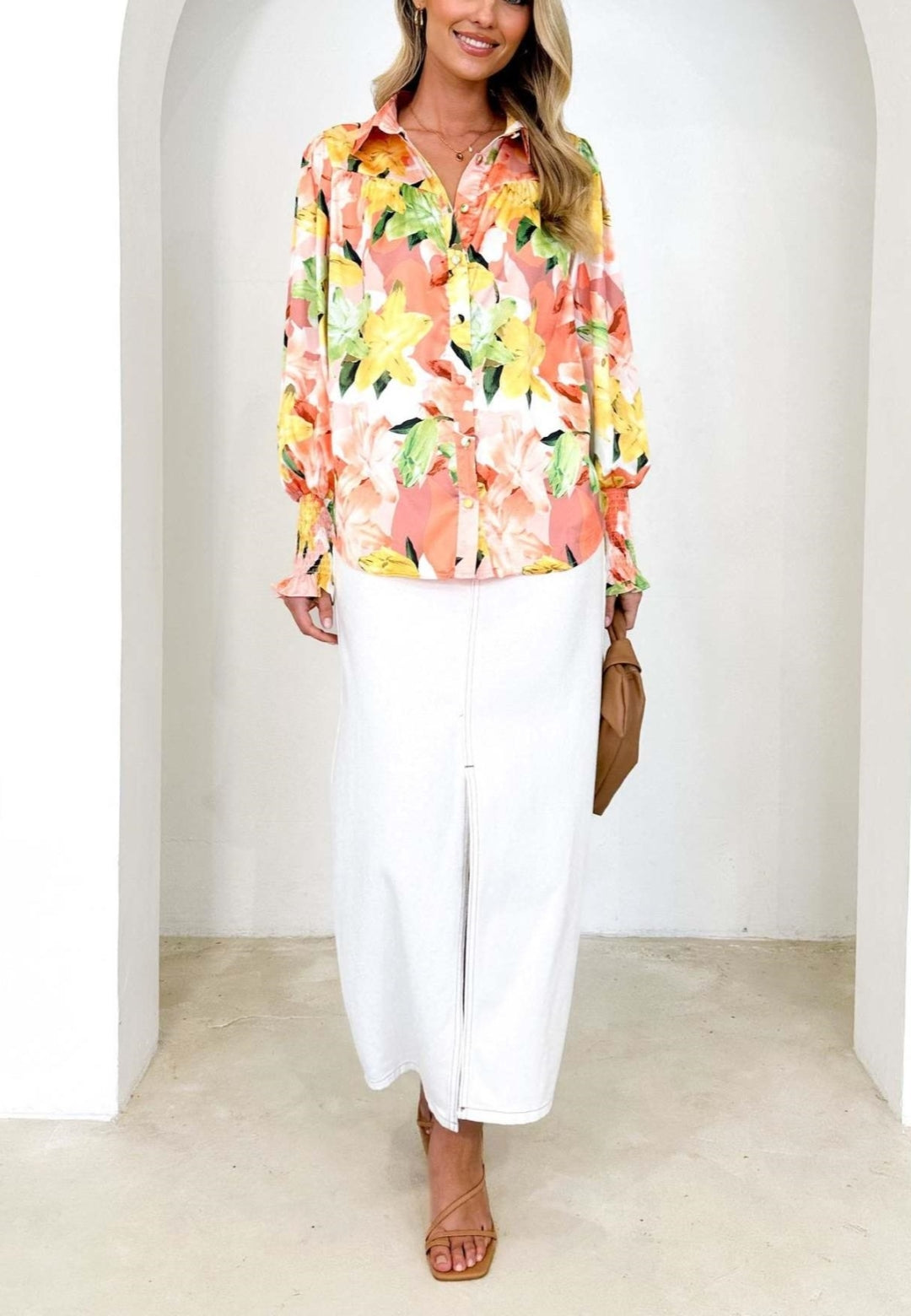 Printed Shirred Cuff Polo Shirt