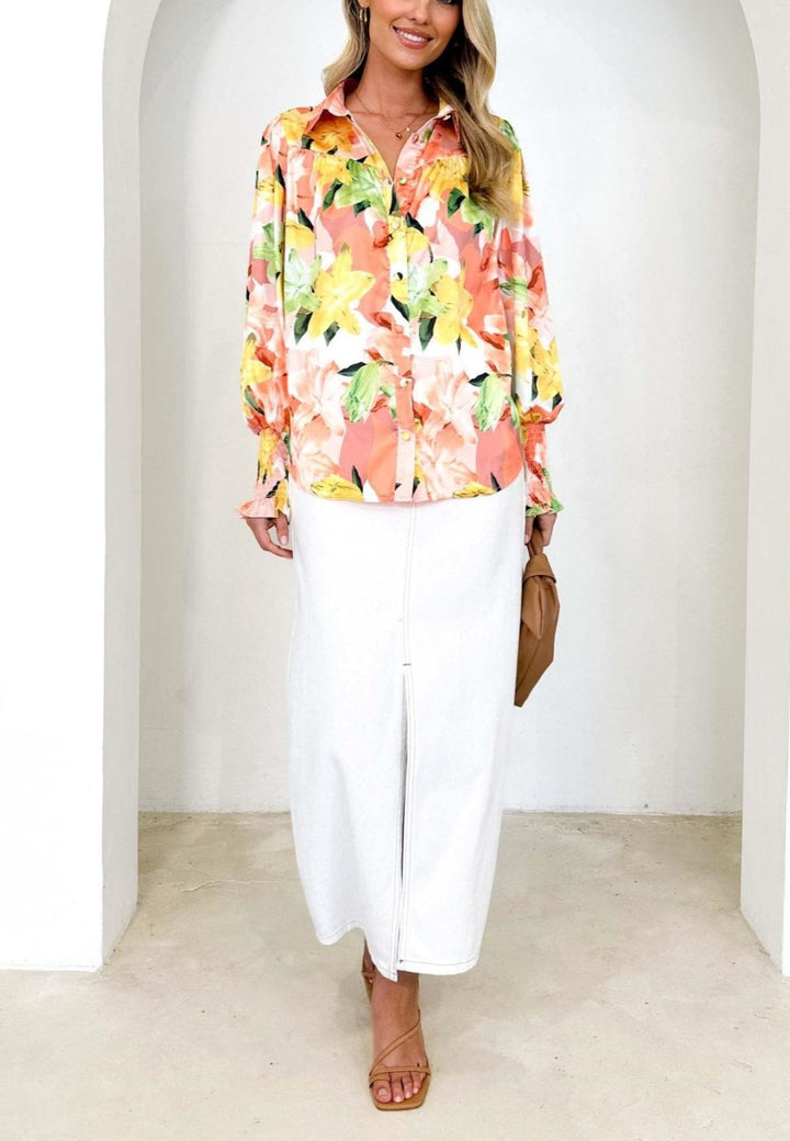 Printed Shirred Cuff Polo Shirt