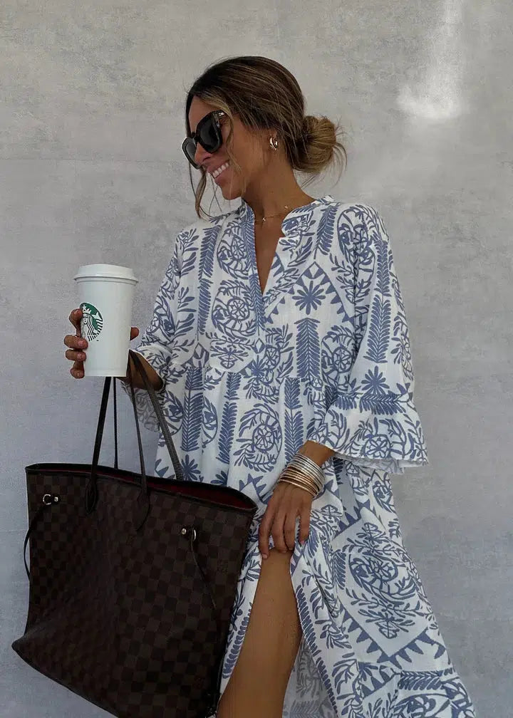 Linnea - Casual Print V-Neck Shirt Dress