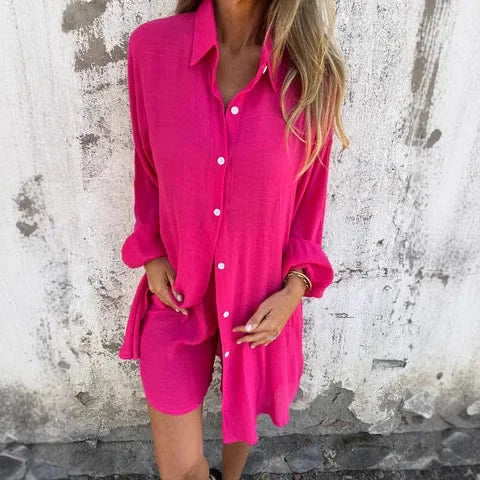 Arabella - Women’s Relaxed Fit Long Sleeve Shirt & Shorts Set