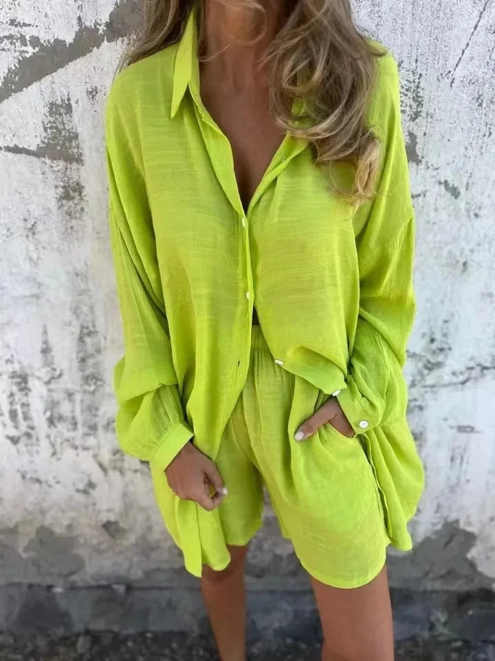 Arabella - Women’s Relaxed Fit Long Sleeve Shirt & Shorts Set
