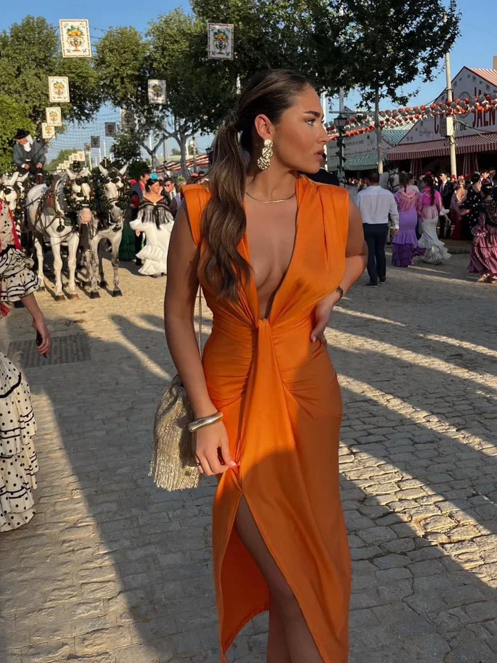 Ella - Elegant Satin V Neck Pleated Sleeveless Dress