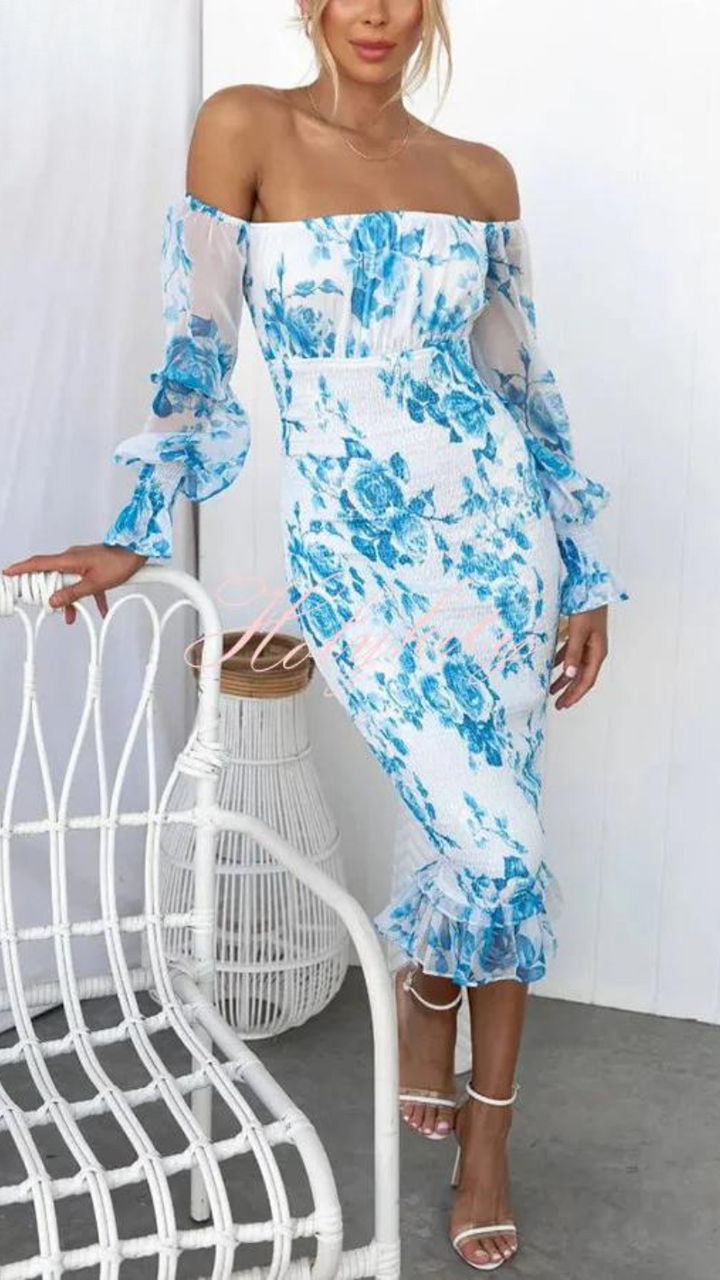 Everly - Bright Floral Off Shoulder Smocked Waist Midi Dress