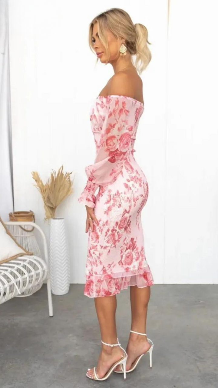 Everly - Bright Floral Off Shoulder Smocked Waist Midi Dress