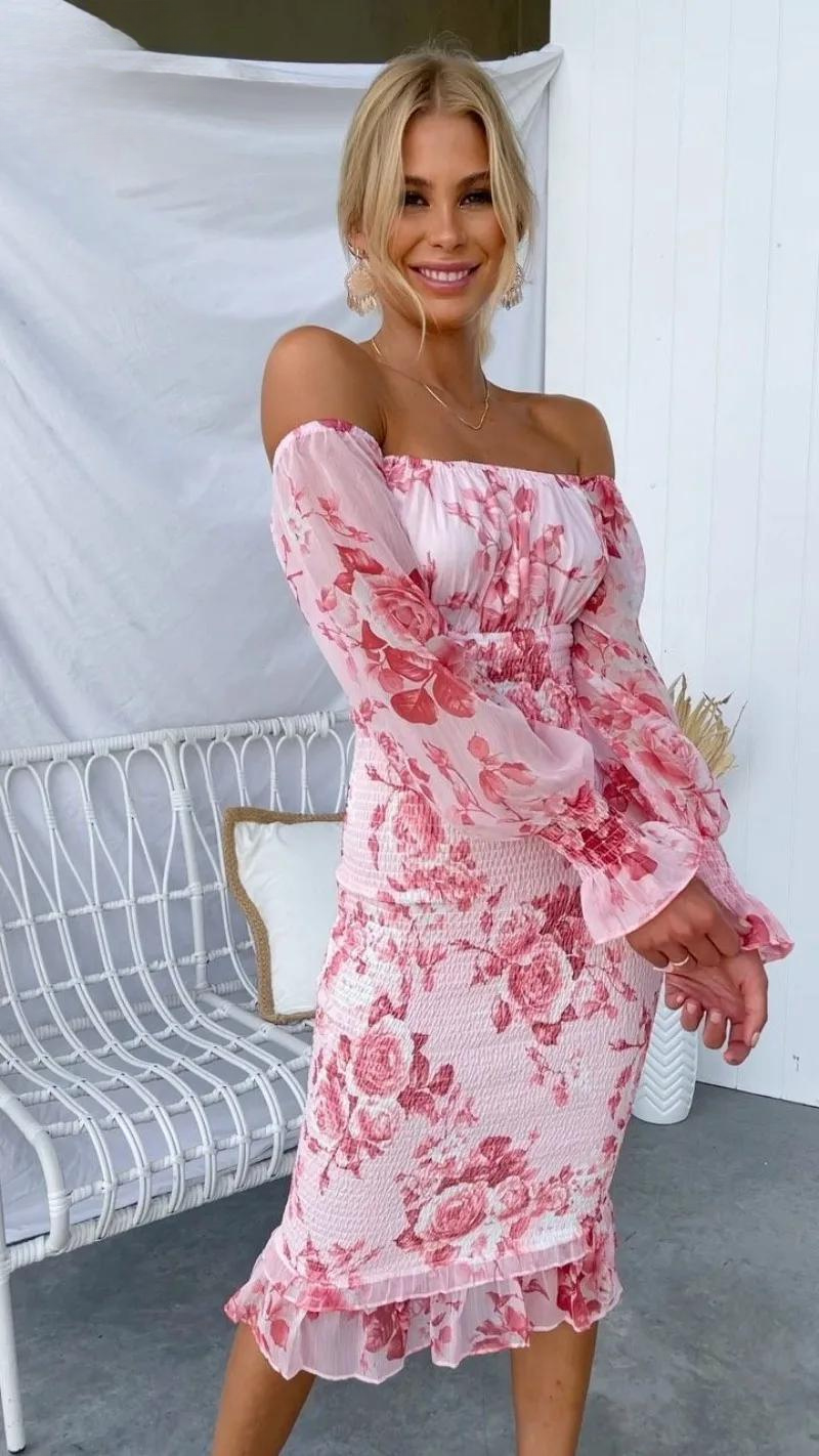 Everly - Bright Floral Off Shoulder Smocked Waist Midi Dress