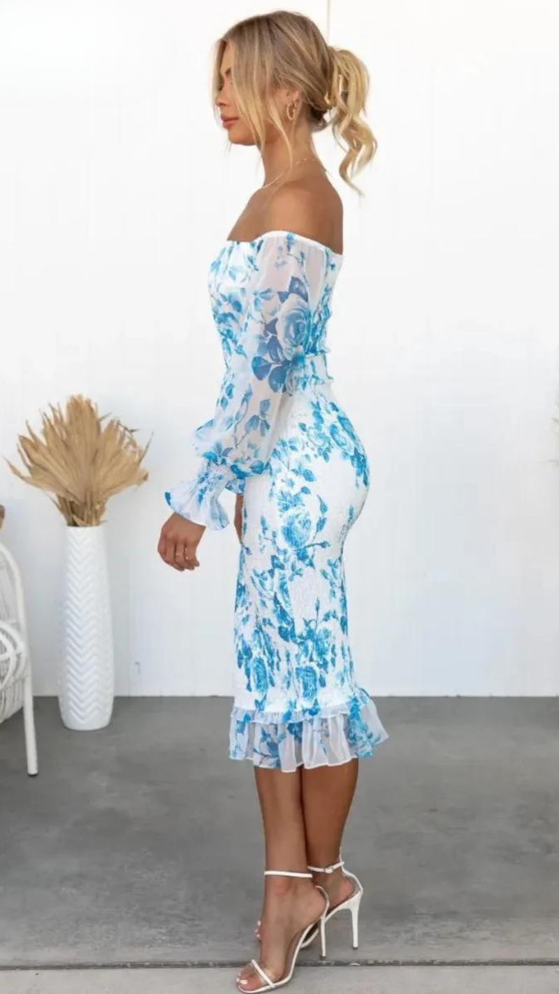 Everly - Bright Floral Off Shoulder Smocked Waist Midi Dress