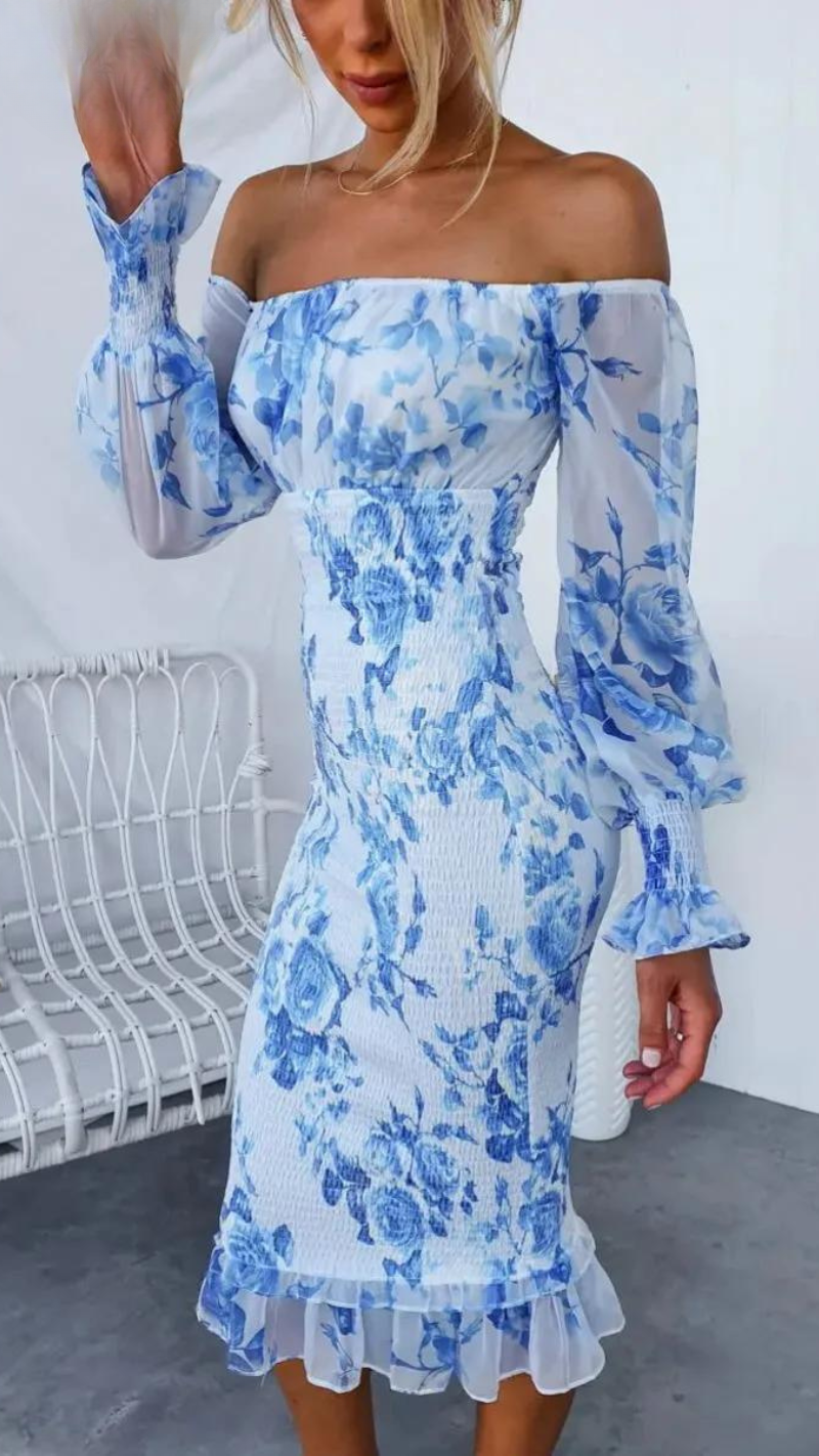Everly - Bright Floral Off Shoulder Smocked Waist Midi Dress