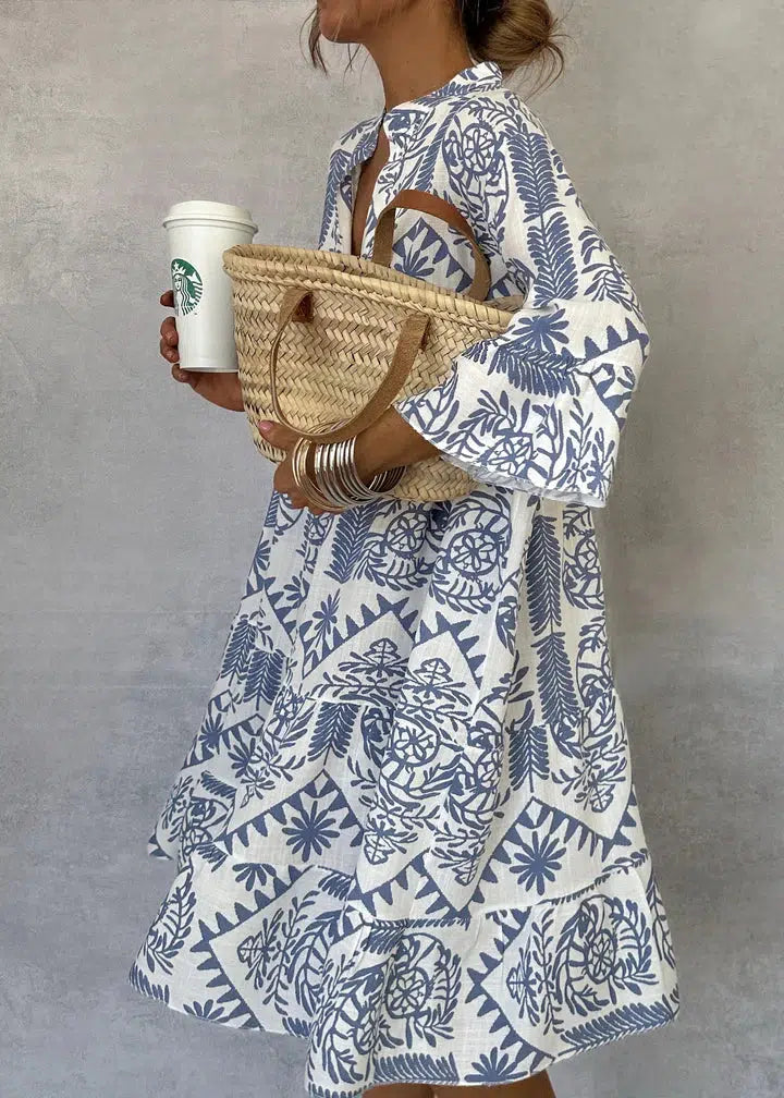 Linnea - Casual Print V-Neck Shirt Dress