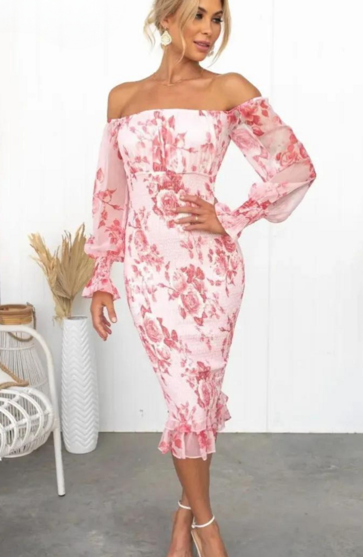 Everly - Bright Floral Off Shoulder Smocked Waist Midi Dress