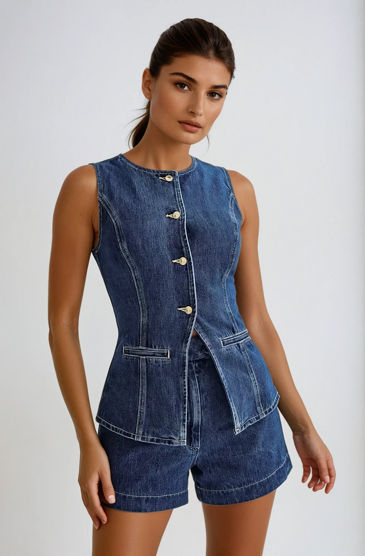 Daisy - Women's Sleeveless Denim Crop Top & High Waist Shorts Set