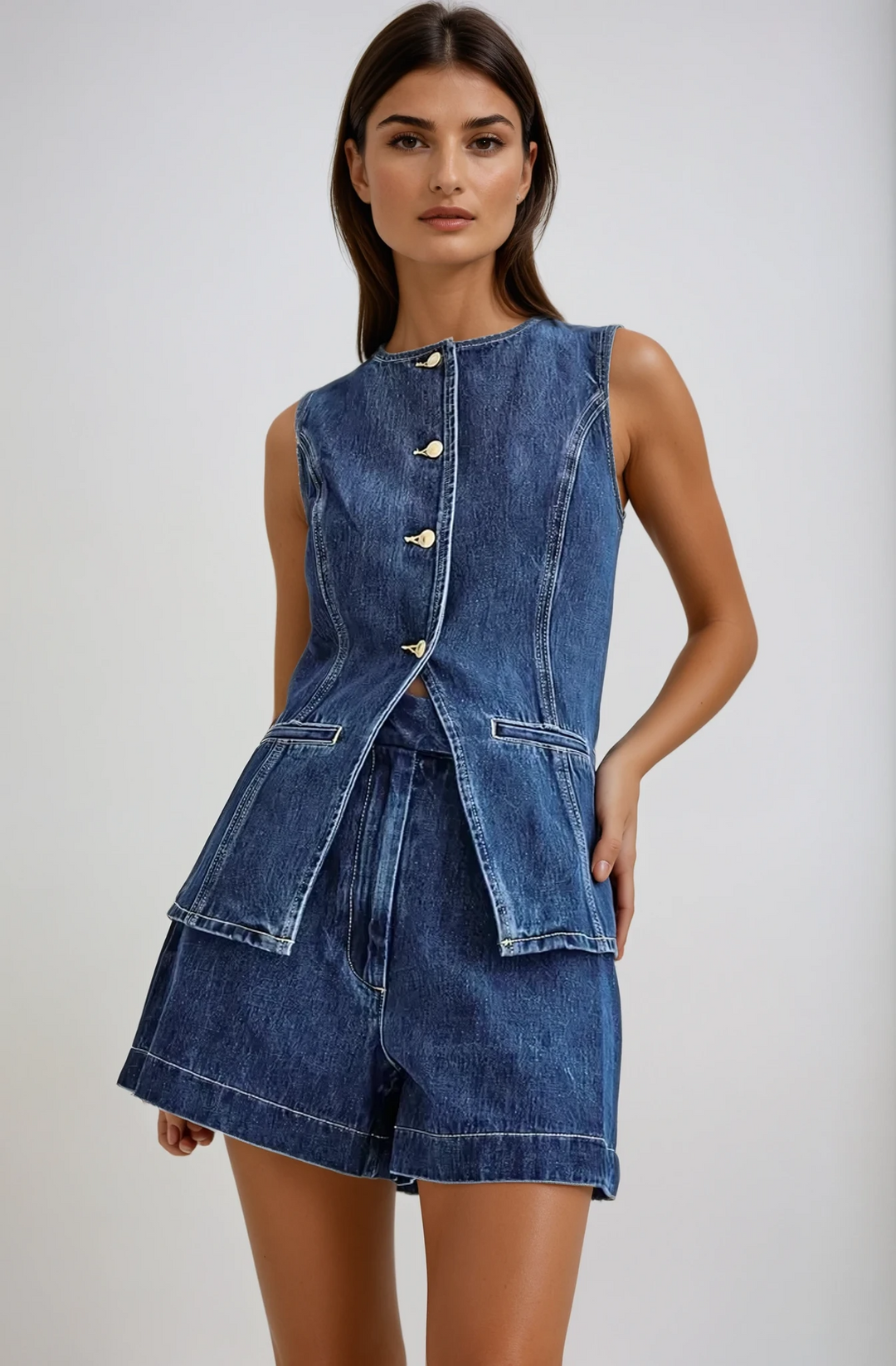 Daisy - Women's Sleeveless Denim Crop Top & High Waist Shorts Set