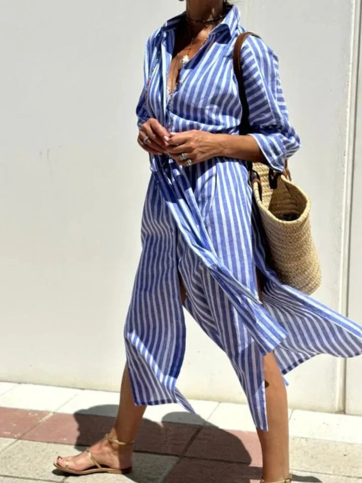 Cairn - Stylish Striped Slit Shirt Dress
