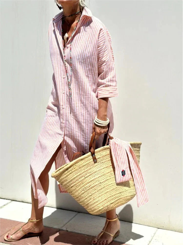 Cairn - Stylish Striped Slit Shirt Dress