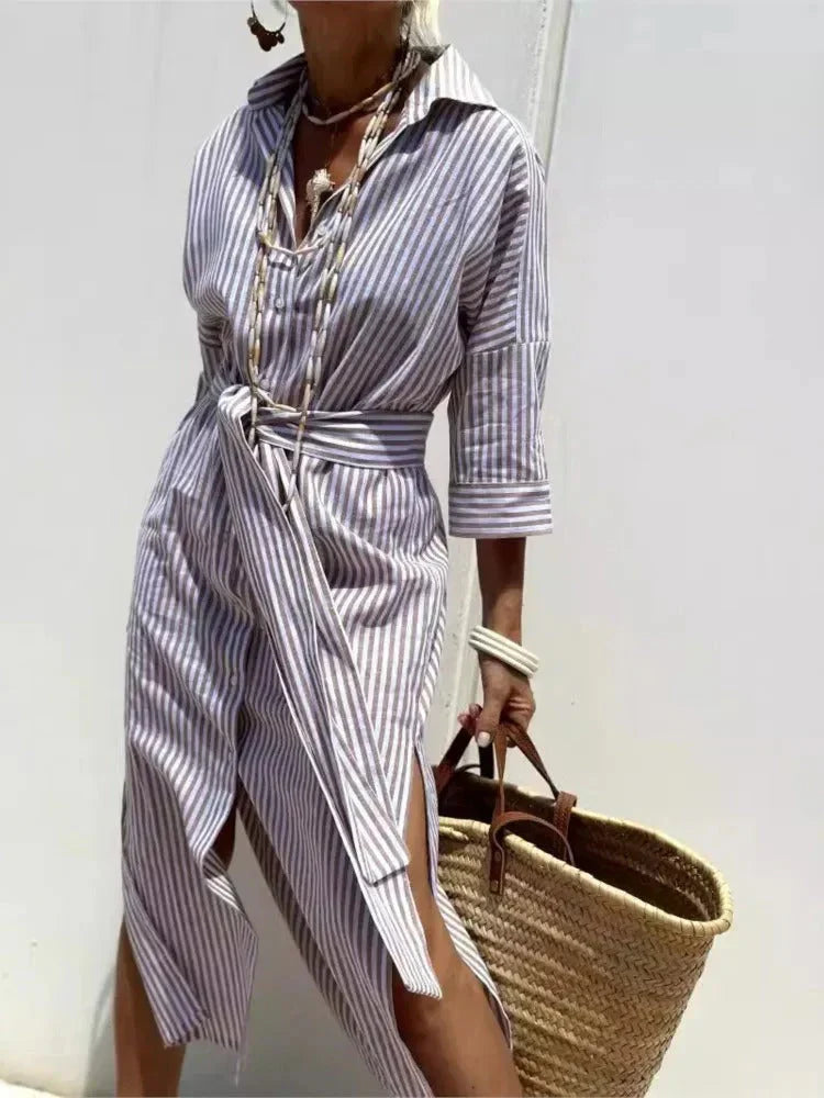 Cairn - Stylish Striped Slit Shirt Dress