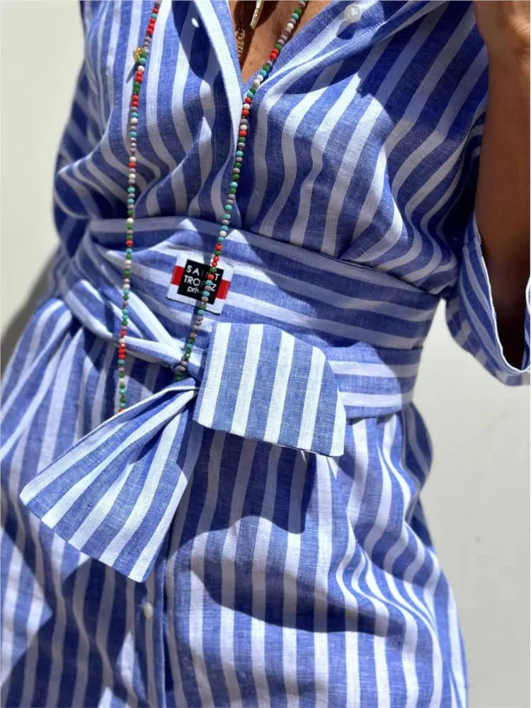 Cairn - Stylish Striped Slit Shirt Dress